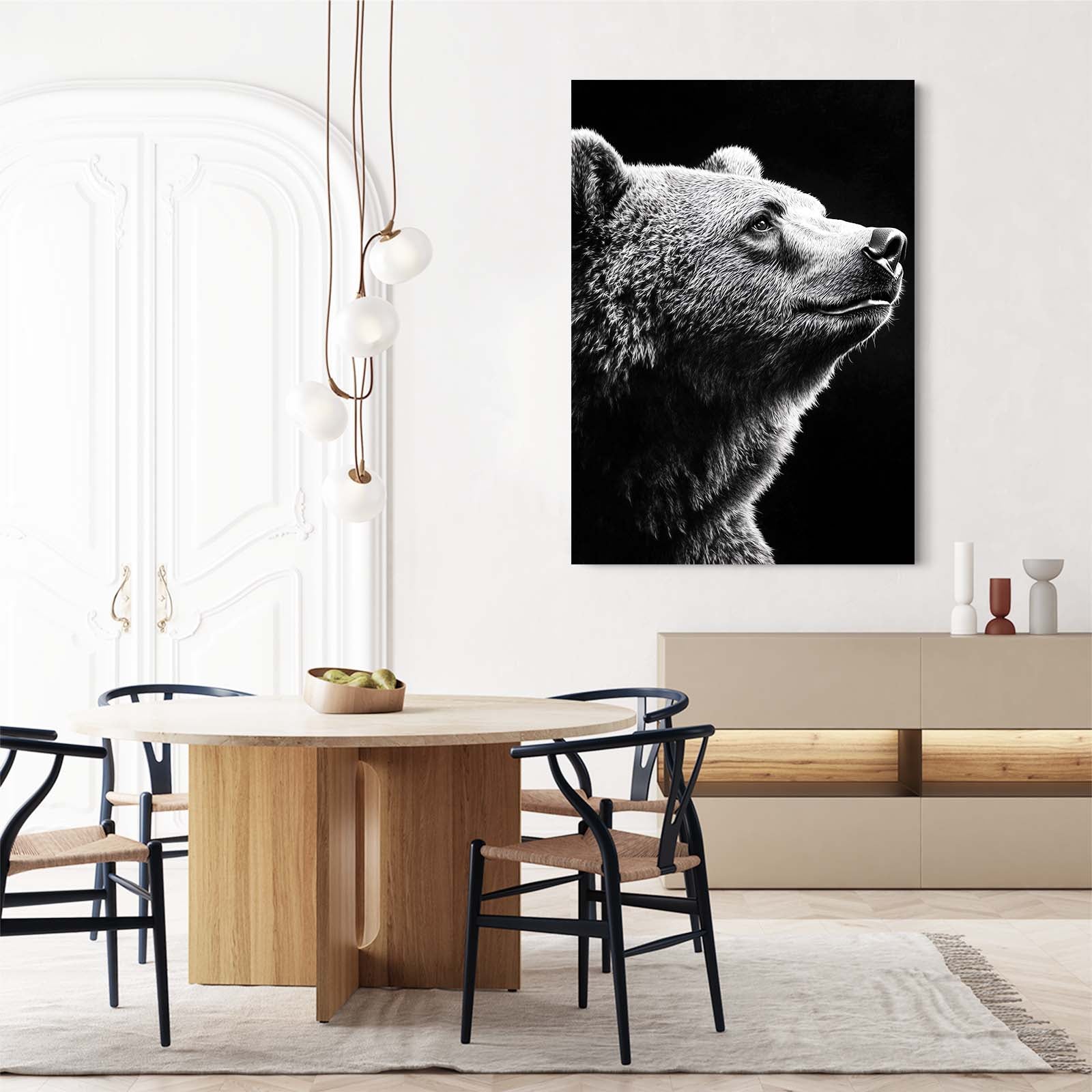 Noble Bear Photography Wall Art – above a round wood dining table