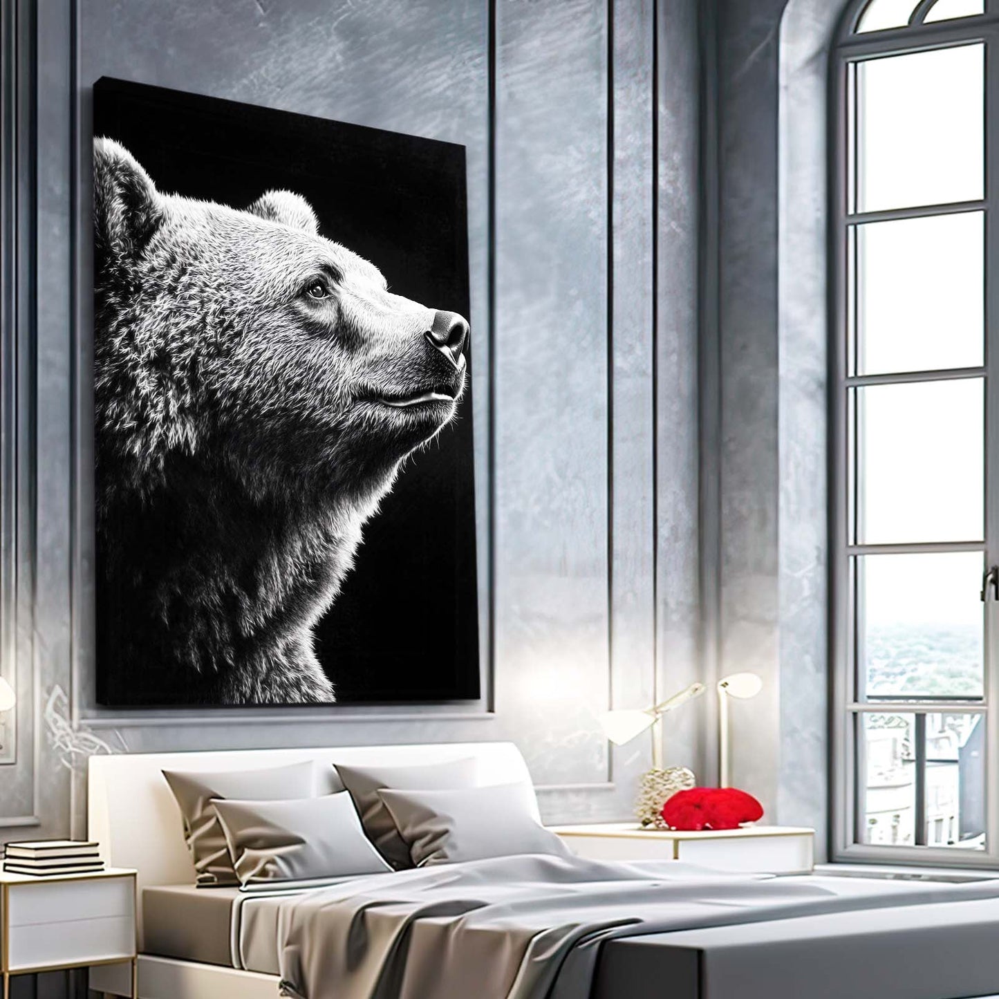 Noble Bear Photography Wall Art – in a loft beside a red designer chair