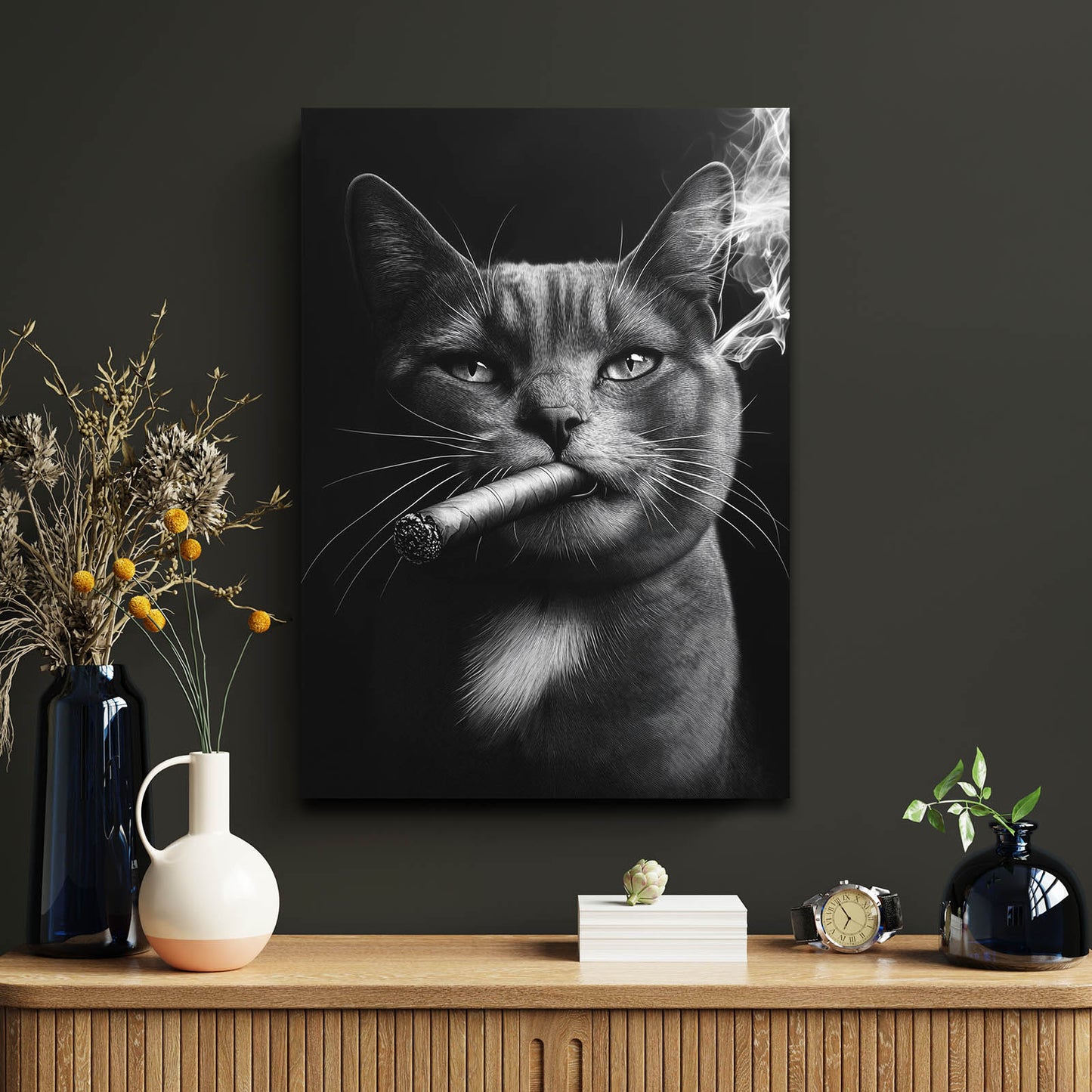 Noir Cigar Portrait Cat Art — photography canvas print, styled in a furnished interior