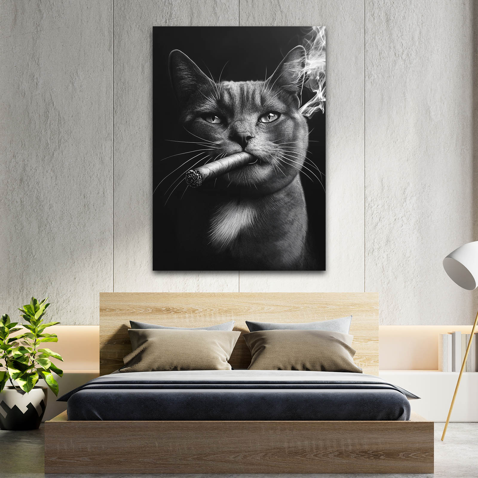 Noir Cigar Portrait Cat Art — photography canvas print, styled in a furnished interior