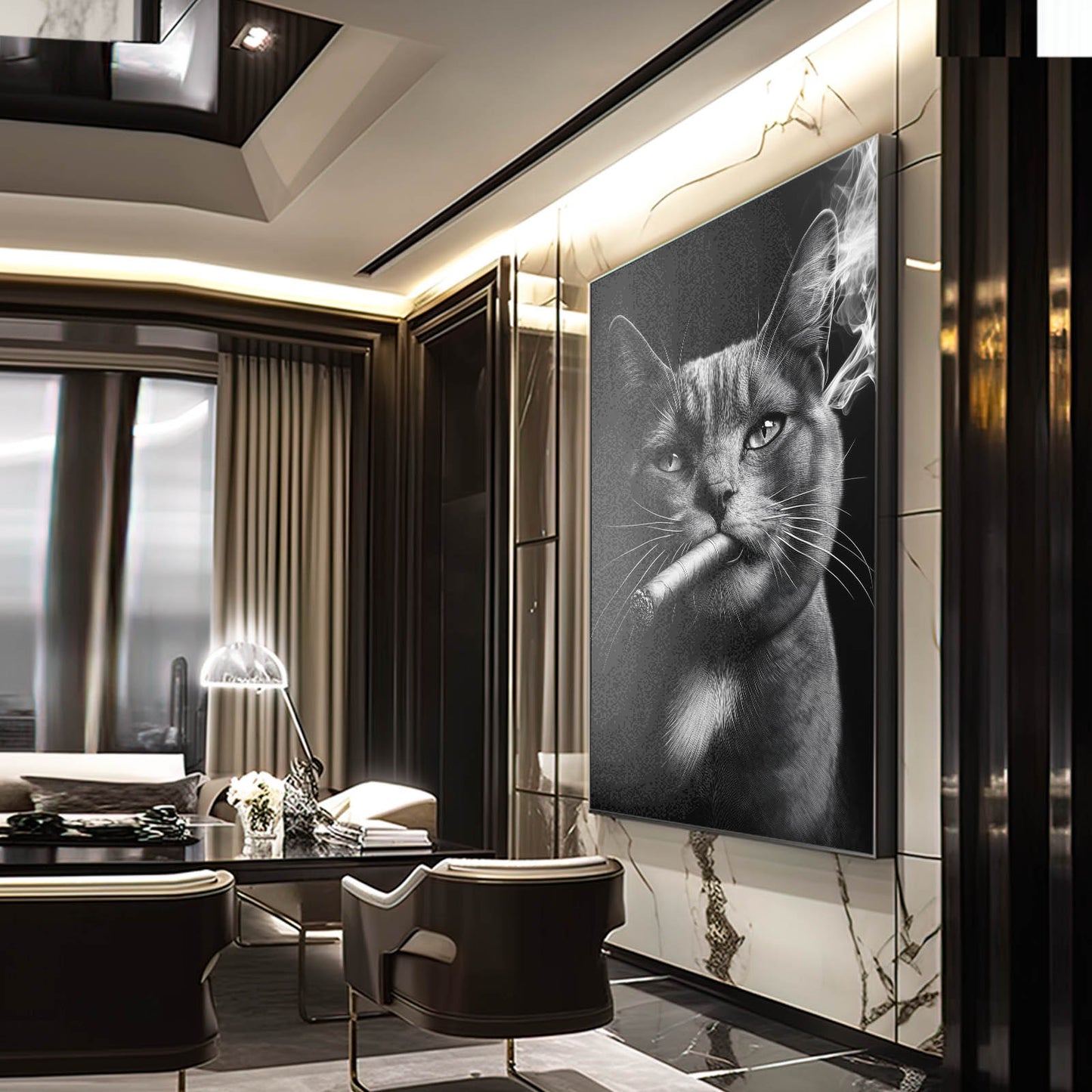 Noir Cigar Portrait Cat Art — photography canvas print, styled in a furnished interior