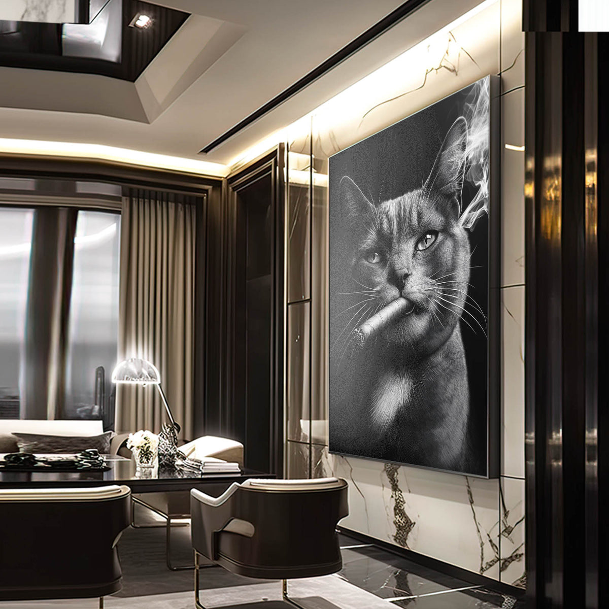 Noir Cigar Portrait Cat Art — photography canvas print, styled in a furnished interior