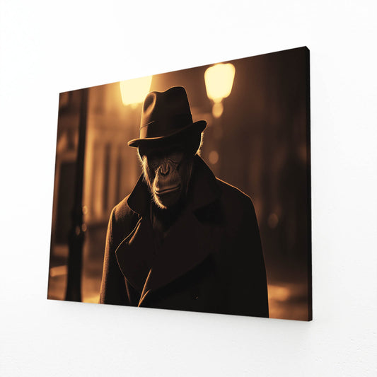 Noir Detective Lamp Monkey Canvas Art – angled canvas view on white background