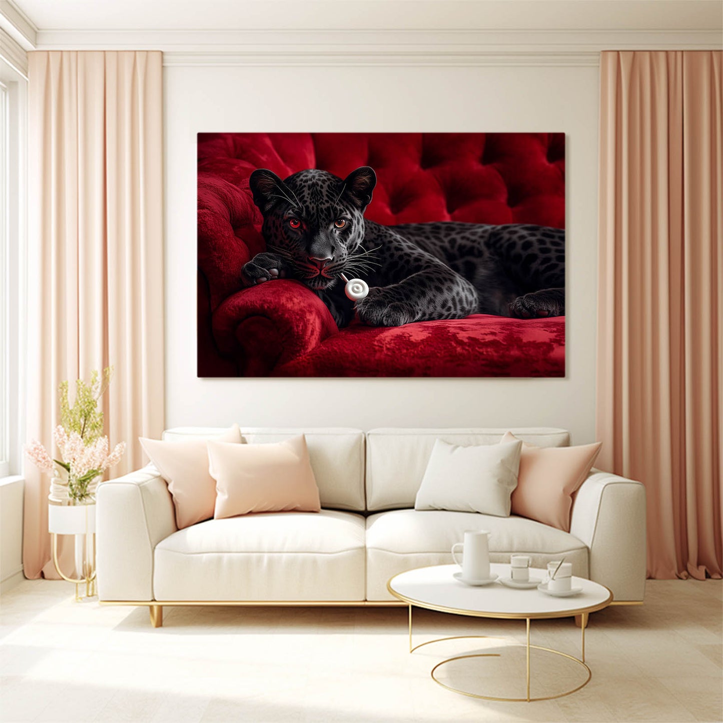 Noir Leopard Red Velvet Wall Decor – styled in a furnished interior
