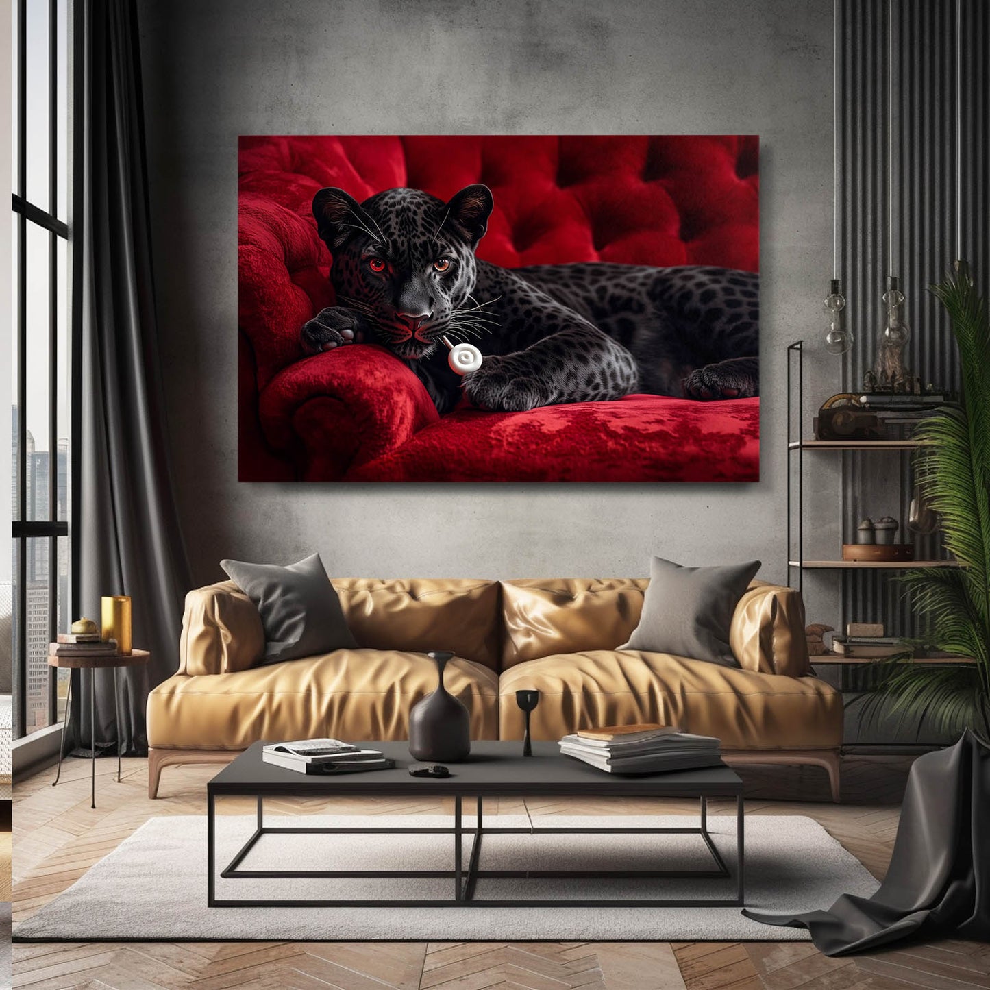 Noir Leopard Red Velvet Wall Decor – styled in a furnished interior
