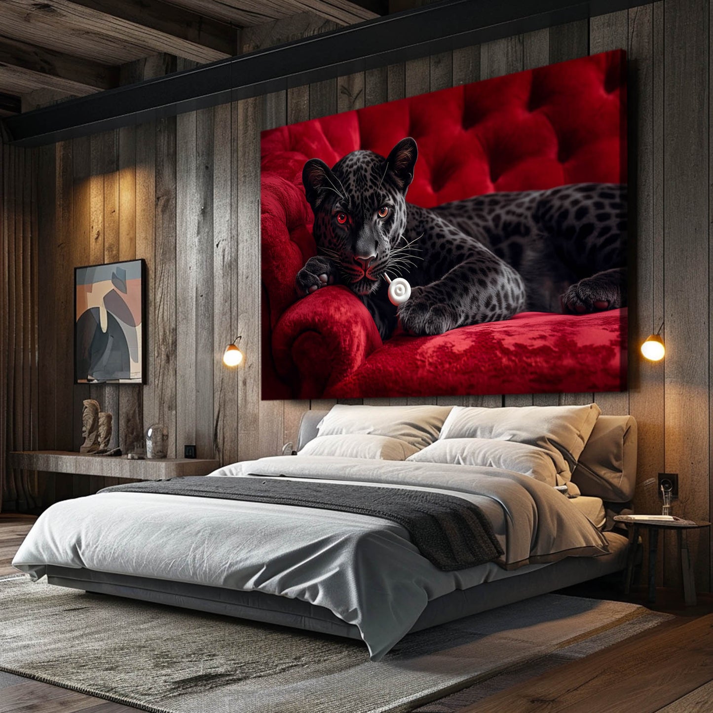 Noir Leopard Red Velvet Wall Decor – styled in a furnished interior