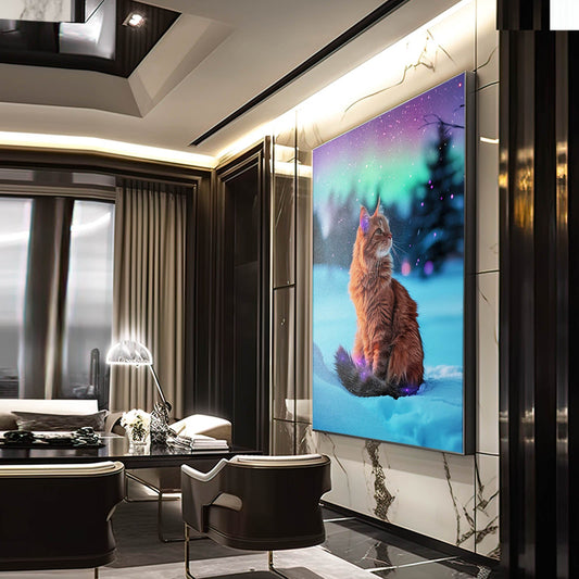 Northern Lights Cat Art — digital canvas print in blue tones, view 3