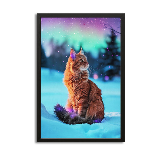 Northern Lights Cat Art — digital canvas print in blue tones, with Premium Black frame on white background