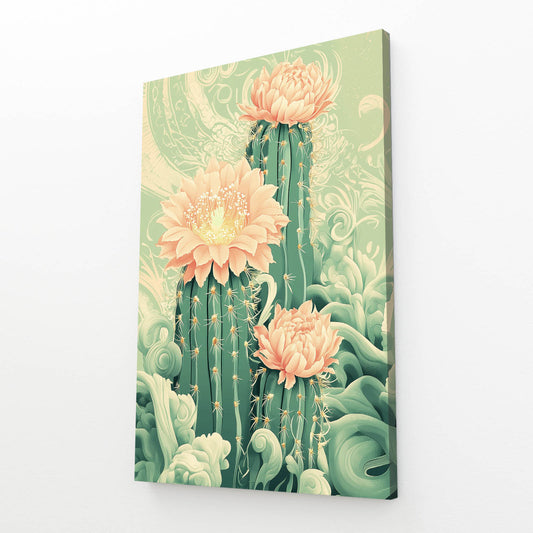 Nouveau Bloom Scroll Cactus Wall Decor – angled canvas view on white background