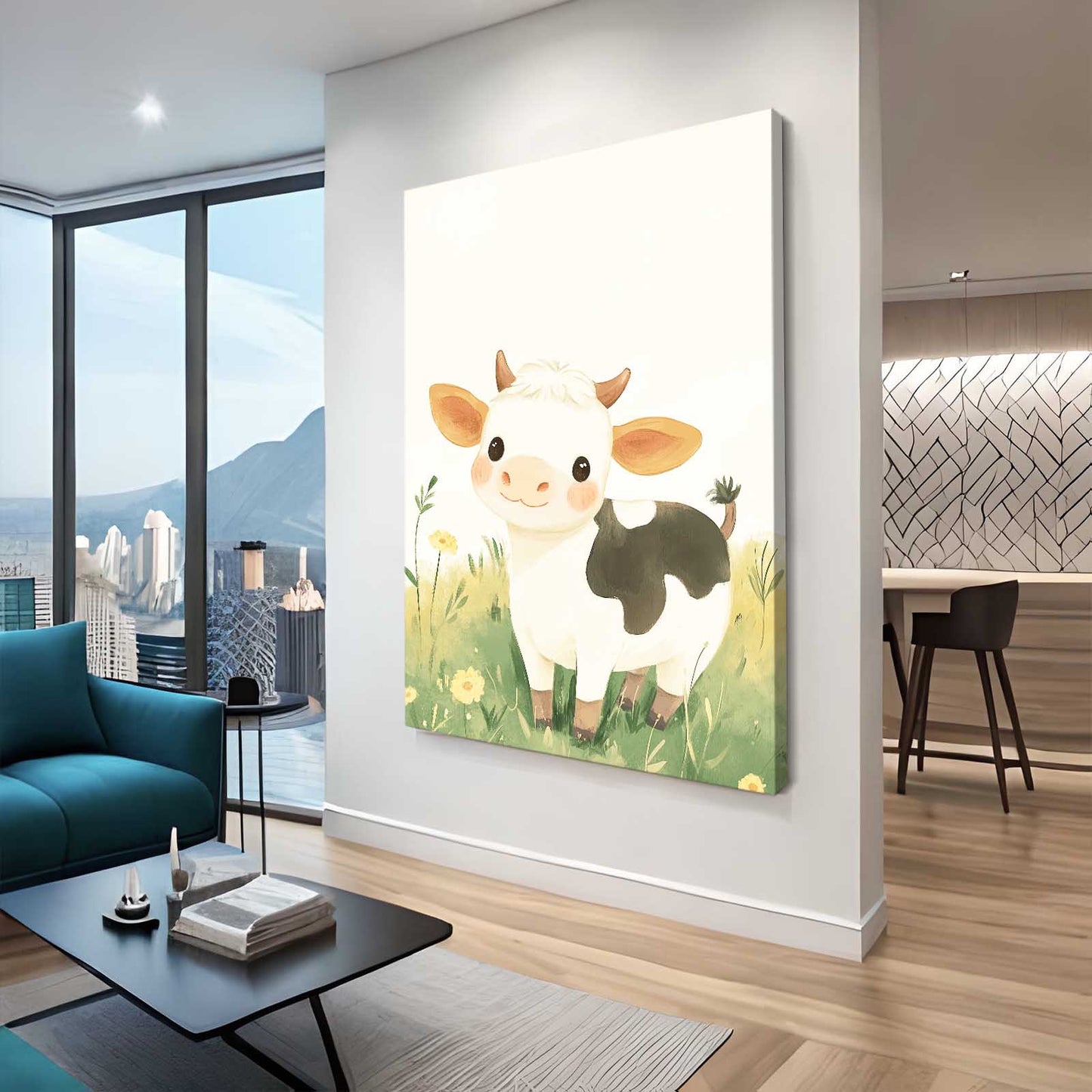 Nursery Cow Artwork – angled canvas view on white background