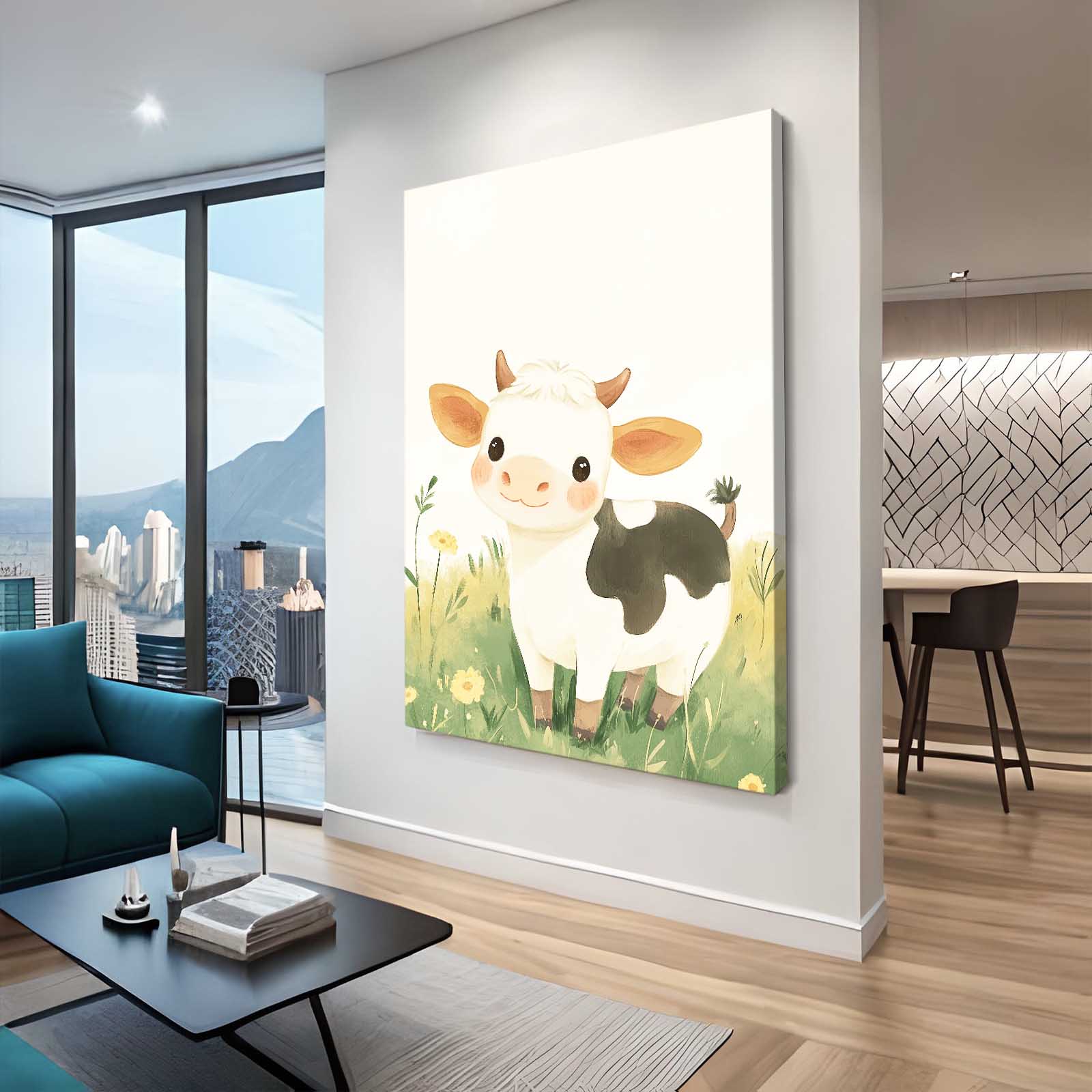 Nursery Cow Artwork – angled canvas view on white background