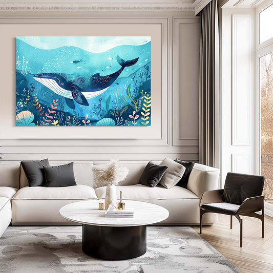Nursery Wall Art Whale — botanical canvas print in blue tones, view 3