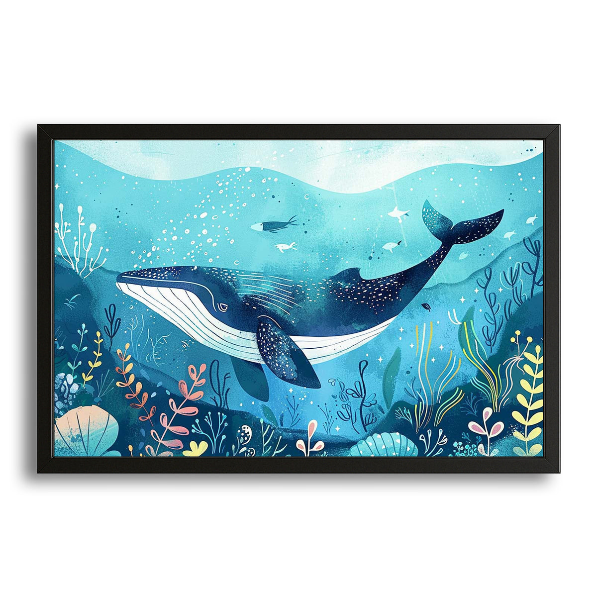 Nursery Wall Art Whale — botanical canvas print in blue tones, with Premium Black frame on white background
