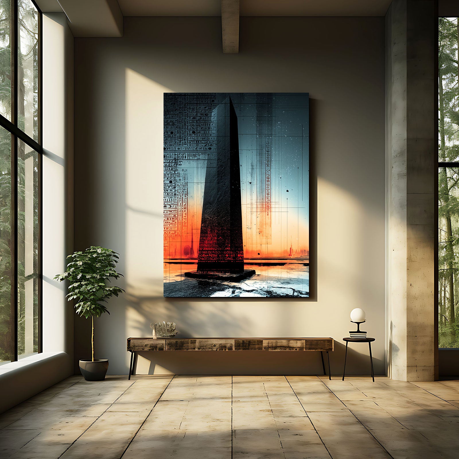 Obelisk Sunset Silhouette Egyptian Wall Decor – styled in a furnished interior