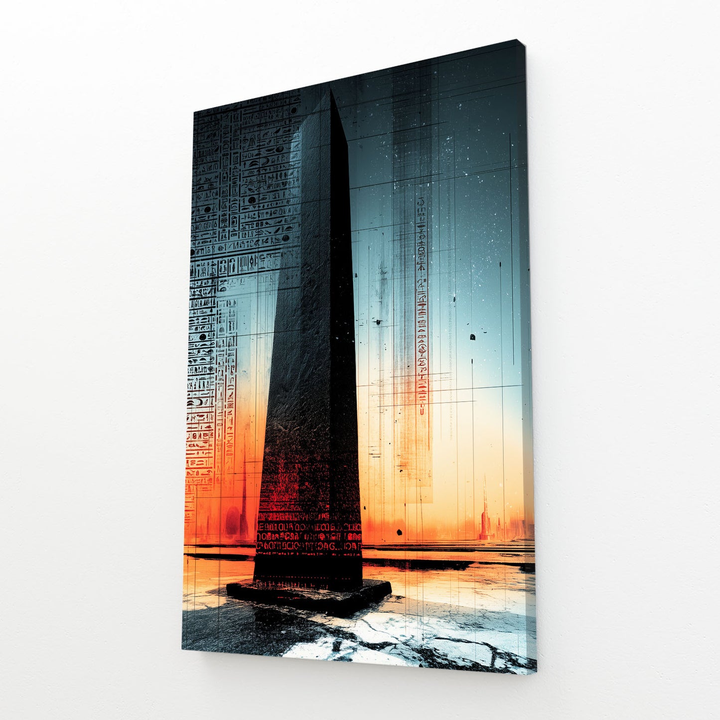 Obelisk Sunset Silhouette Egyptian Wall Decor – angled canvas view on white background