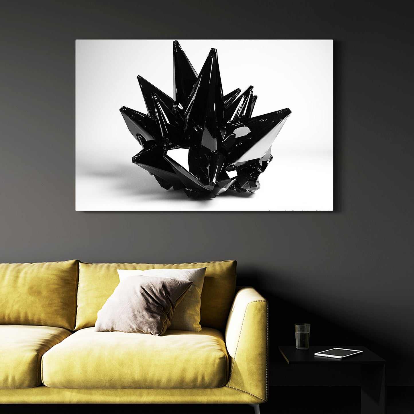 Obsidian Crystal Cluster Abstract Wall Art – styled in a furnished interior