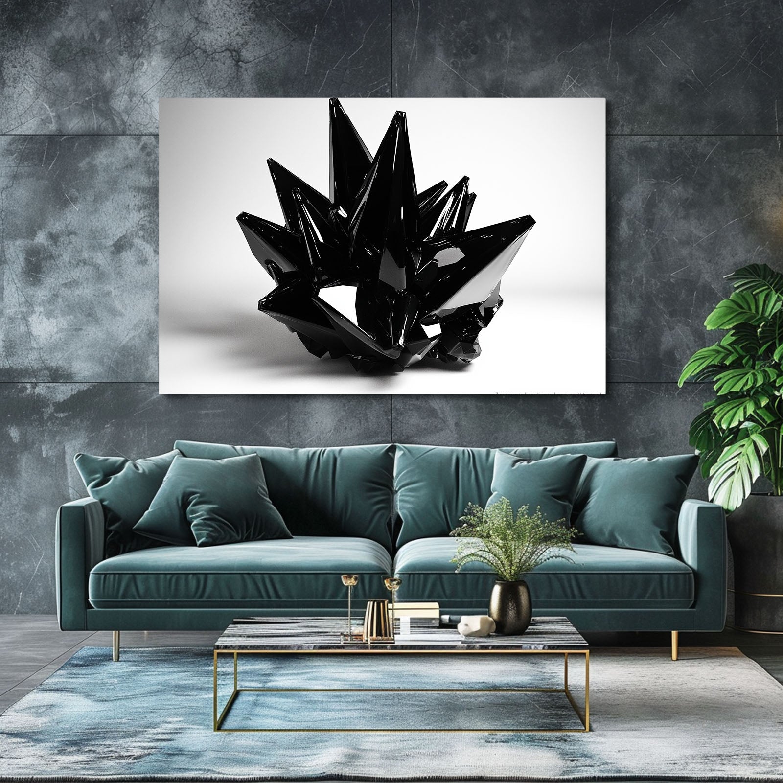 Obsidian Crystal Cluster Abstract Wall Art – styled in a furnished interior