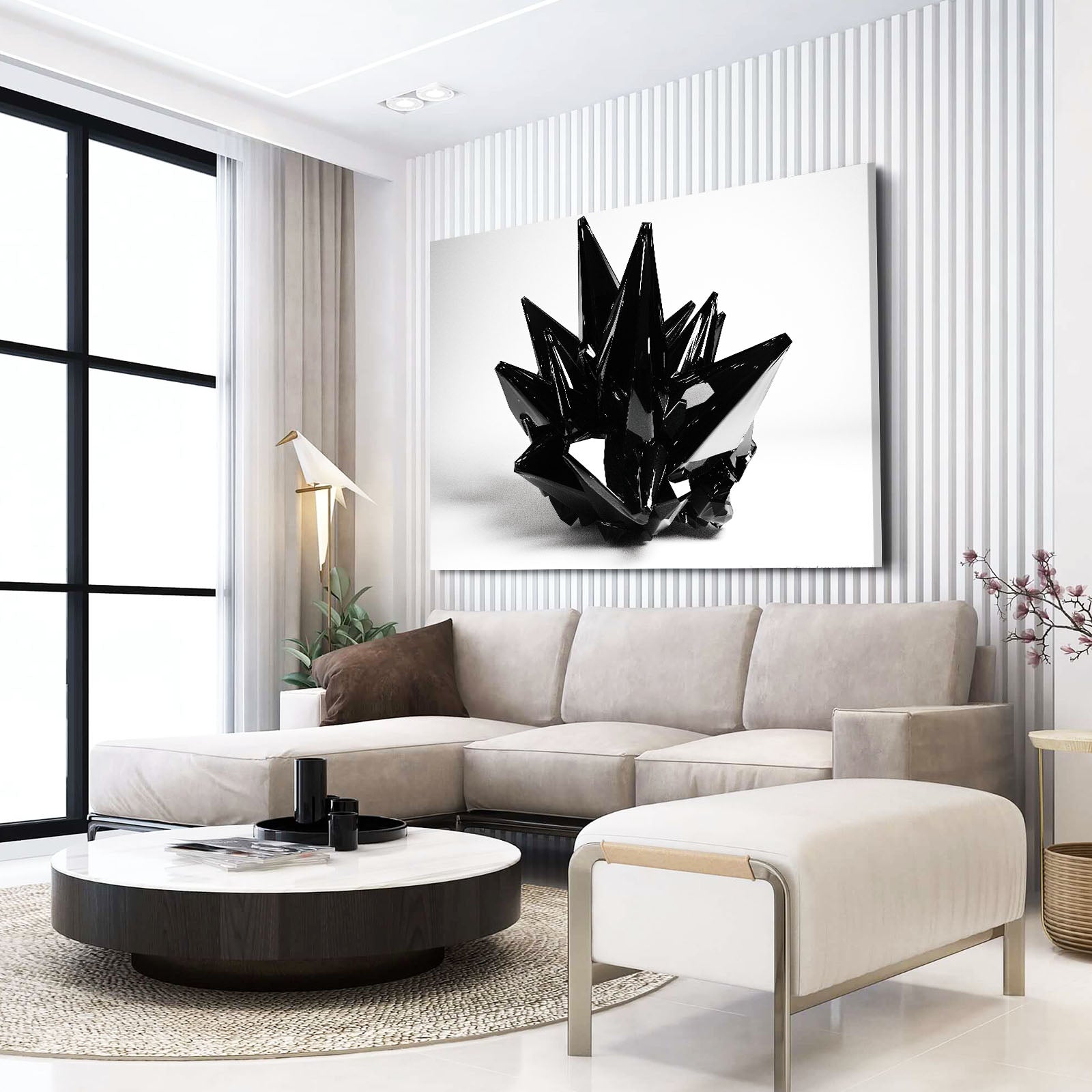 Obsidian Crystal Cluster Abstract Wall Art – styled in a furnished interior
