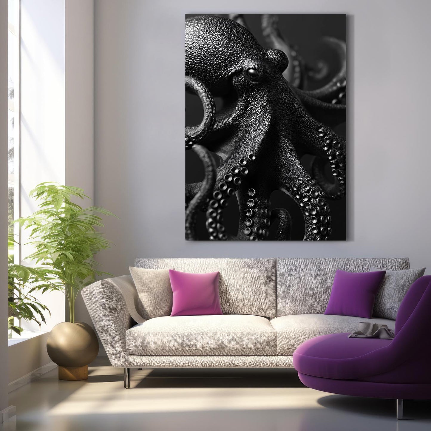 Obsidian Texture Octopus Art – styled in a furnished interior
