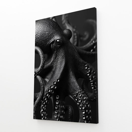 Obsidian Texture Octopus Art – angled canvas view on white background