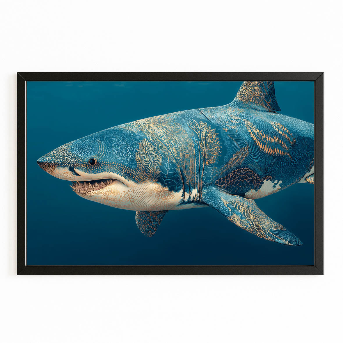 Ocean Blue Realistic Shark Art – with Premium Black frame on white background