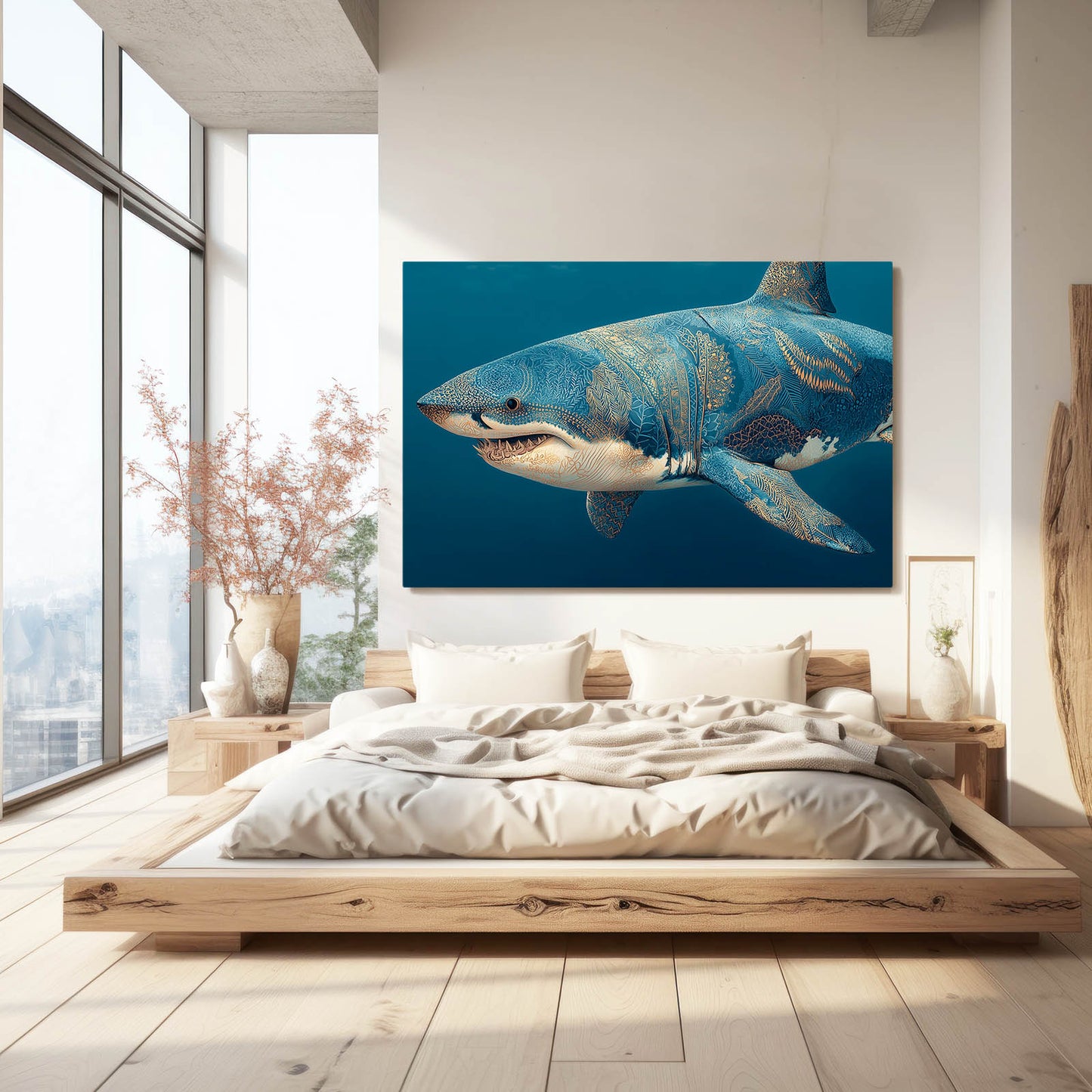 Ocean Blue Realistic Shark Art – styled in a furnished interior