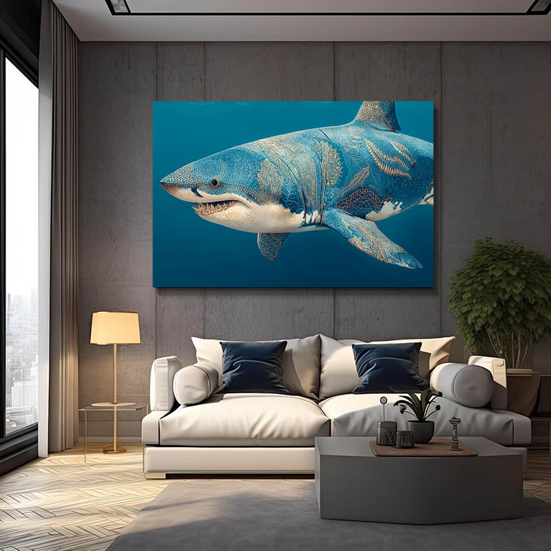 Ocean Blue Realistic Shark Art – styled in a furnished interior