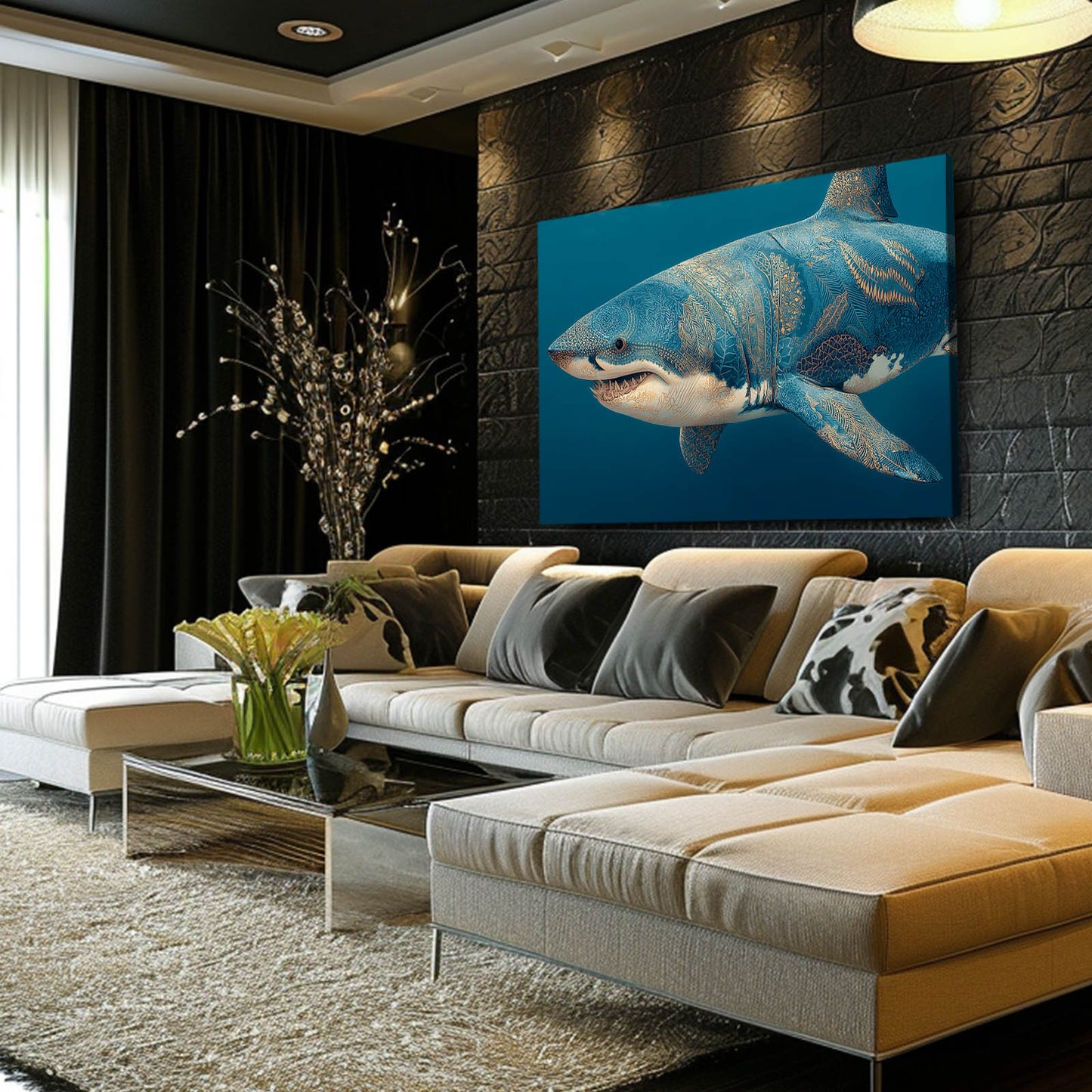 Ocean Blue Realistic Shark Art – styled in a furnished interior