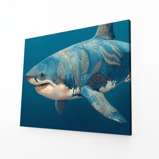 Ocean Blue Realistic Shark Art – angled canvas view on white background