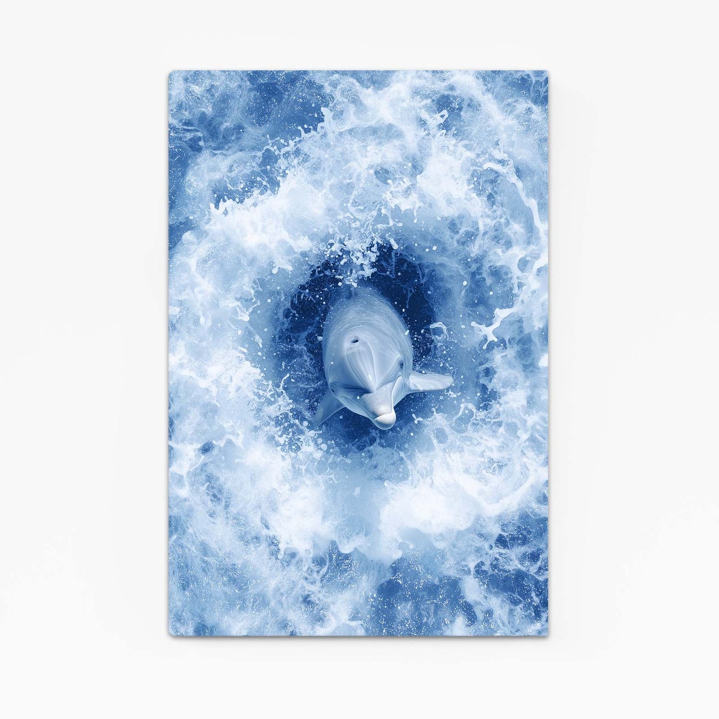 Ocean Foam Swirl Dolphin Art – aerial view of a white dolphin curled inside a swirling ring of ocean foam