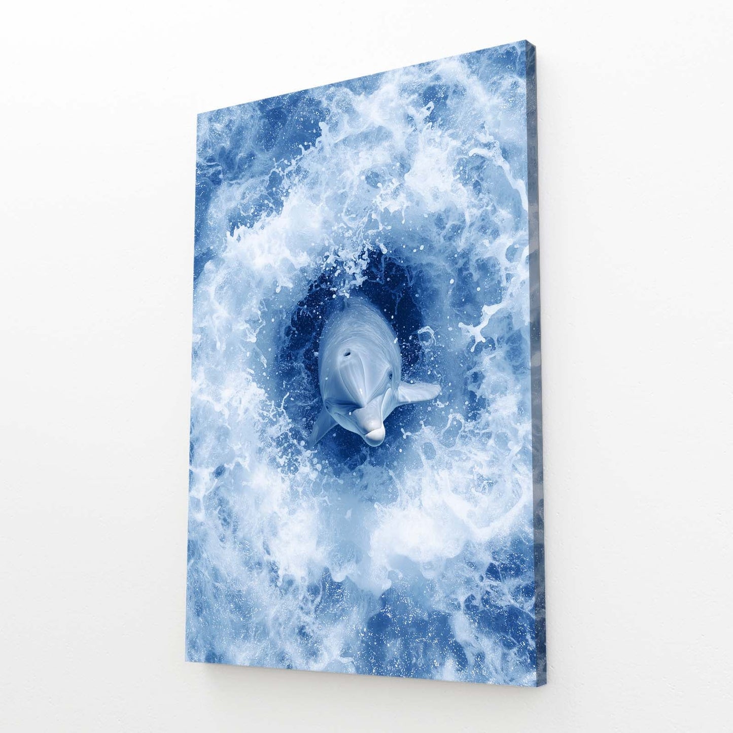 Ocean Foam Swirl Dolphin Art – angled canvas view on white background