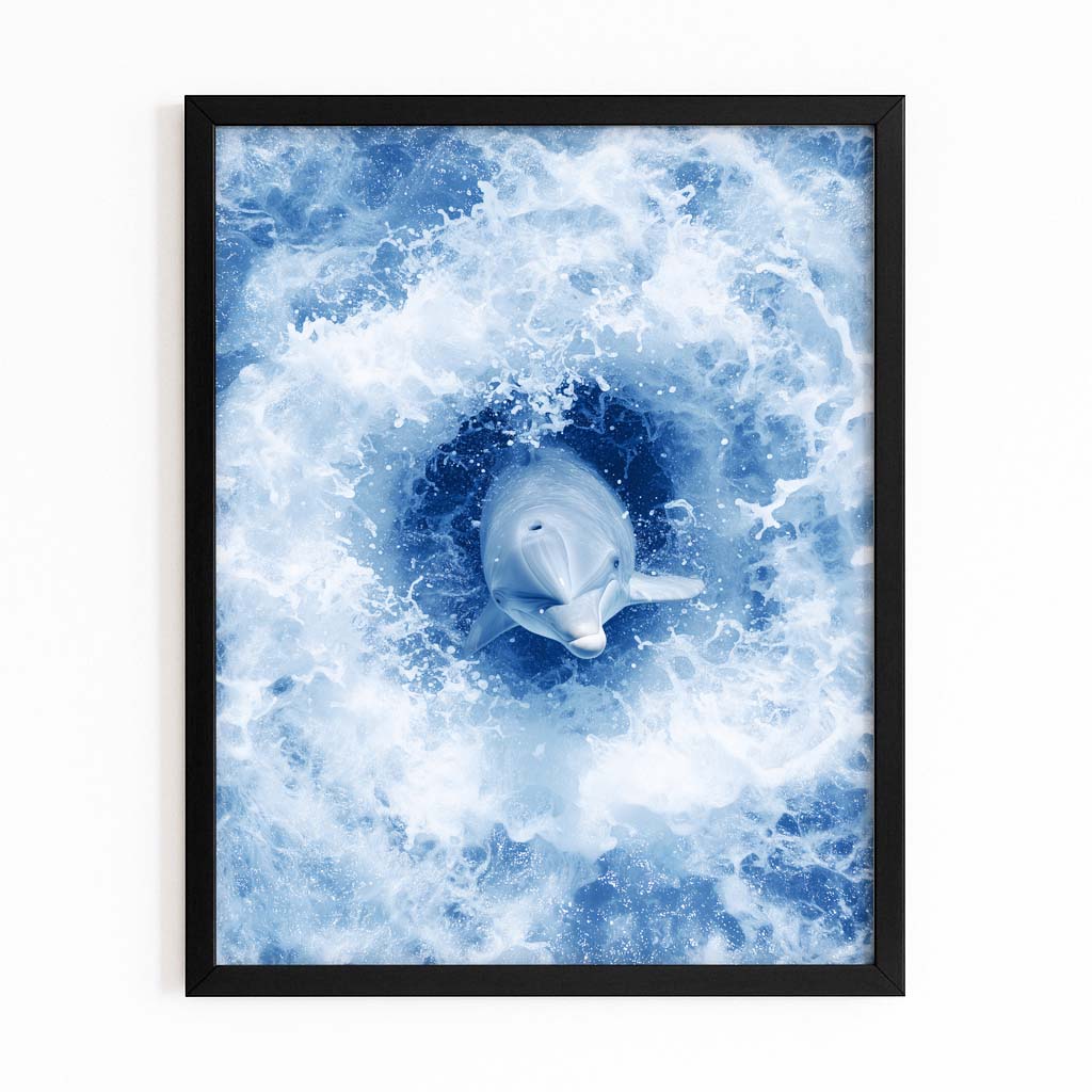 Ocean Foam Swirl Dolphin Art – with Premium Black wood frame on white background