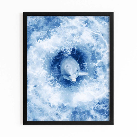 Ocean Foam Swirl Dolphin Art – with Premium Black wood frame on white background