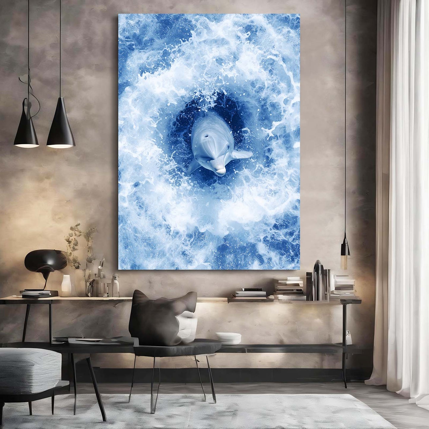 Ocean Foam Swirl Dolphin Art – styled in a furnished interior