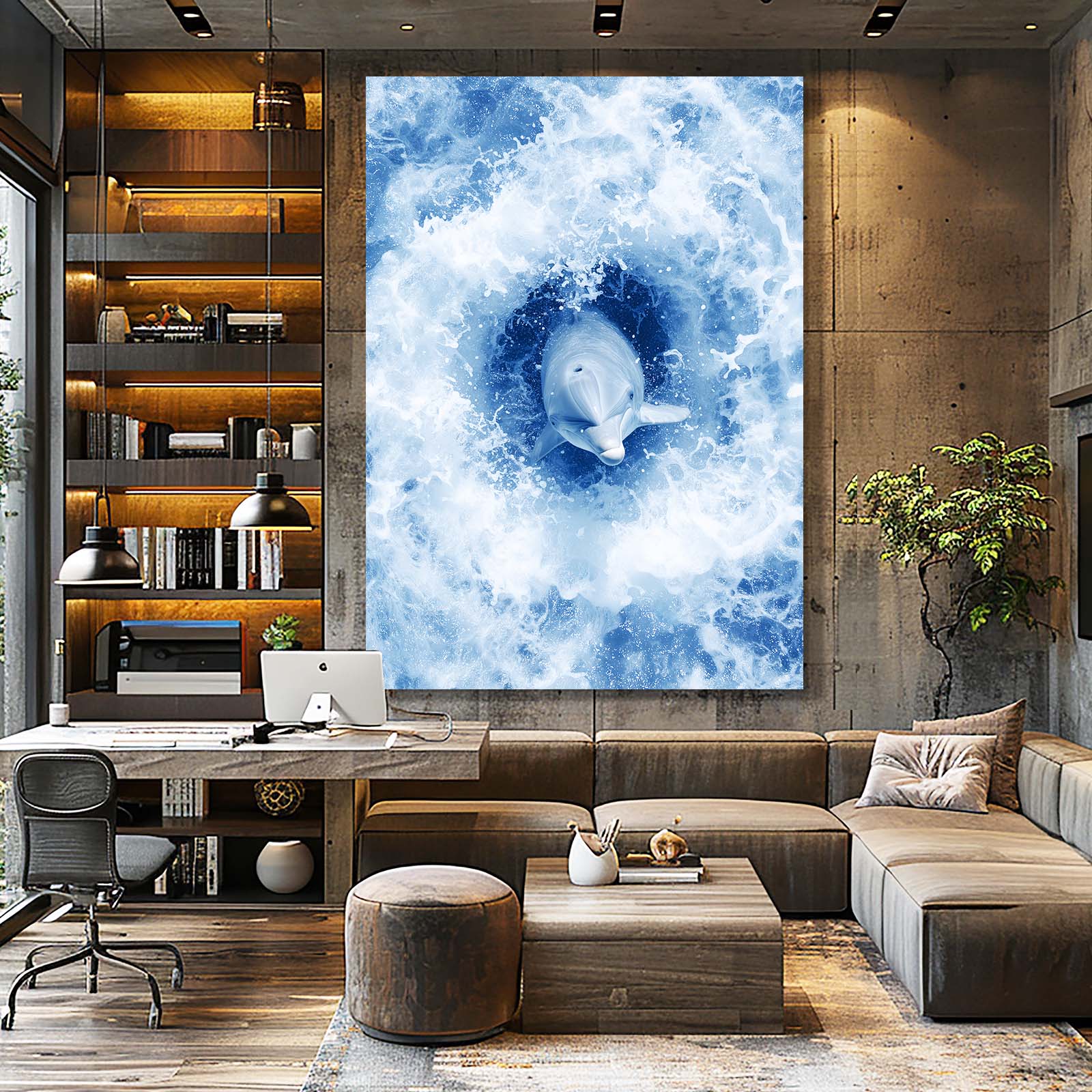 Ocean Foam Swirl Dolphin Art – styled in a furnished interior