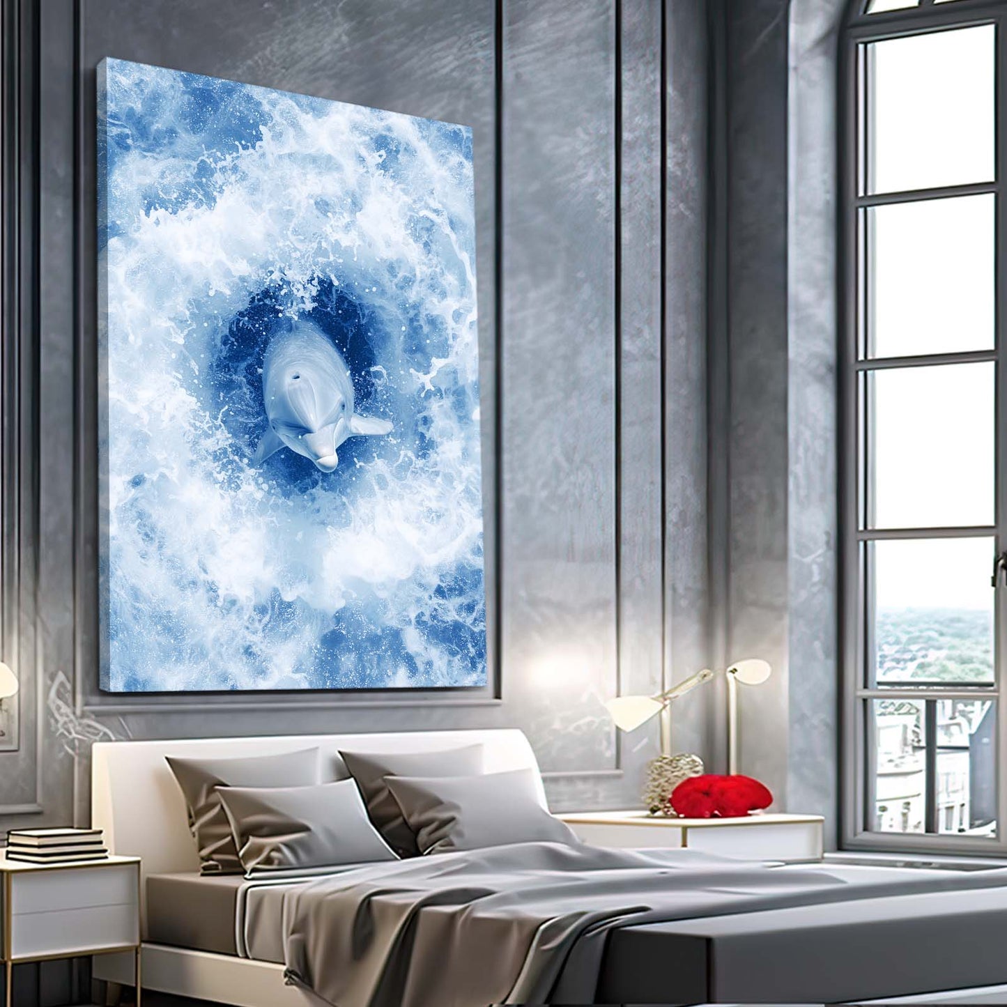 Ocean Foam Swirl Dolphin Art – styled in a furnished interior