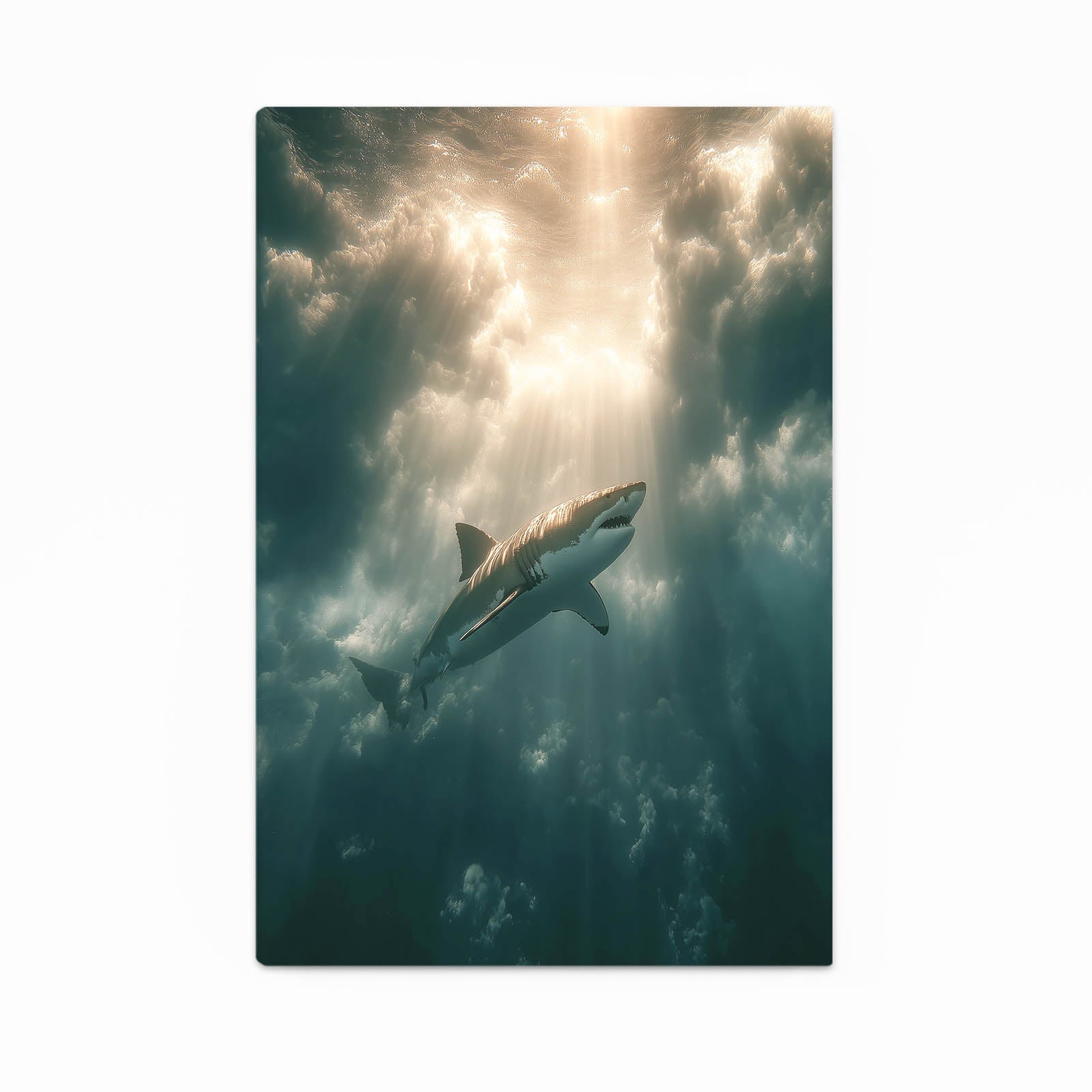 Ocean Light Shark Photography Canvas – shark gliding through rays of light underwater