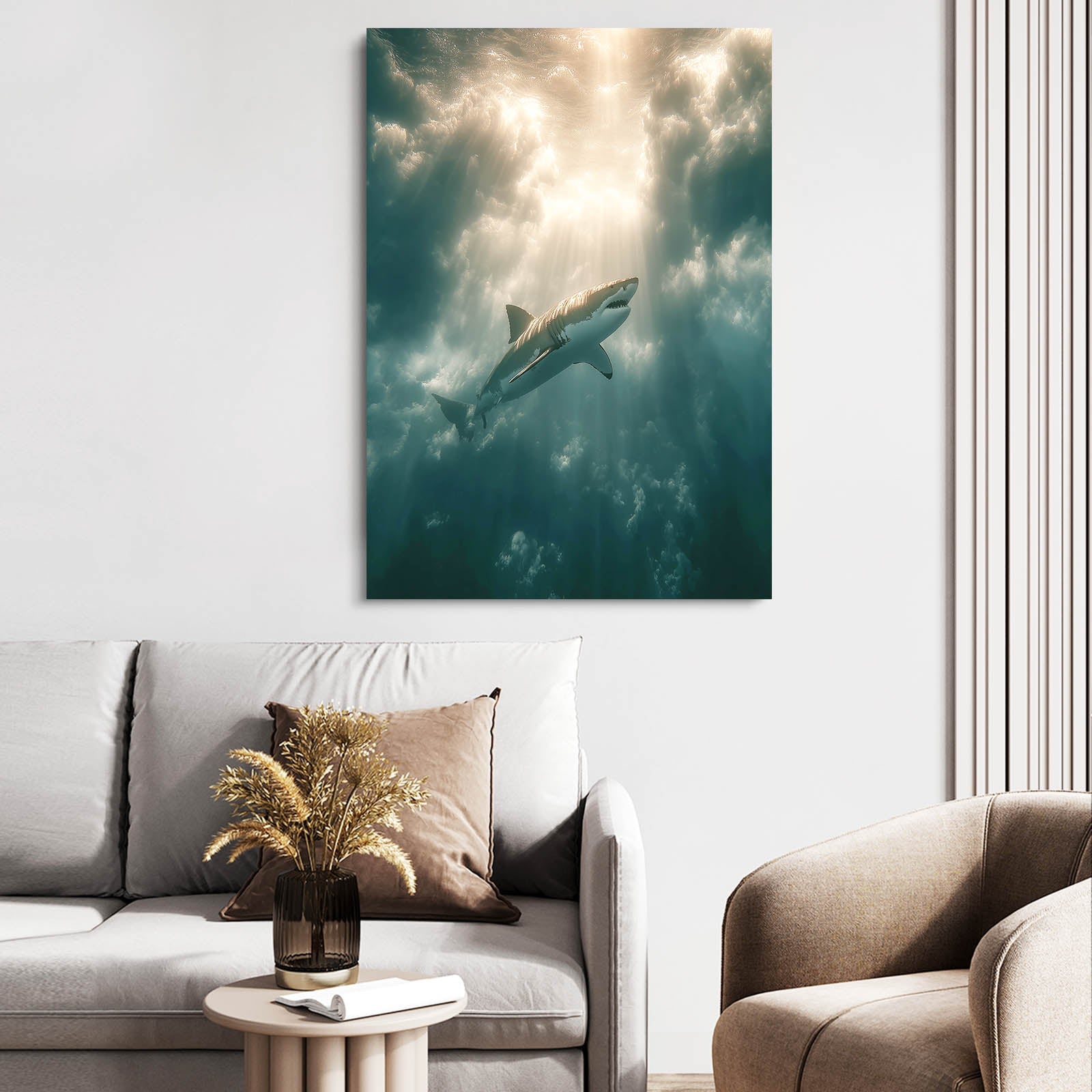 Ocean Light Shark Photography Canvas – above a beige sofa with dried flowers