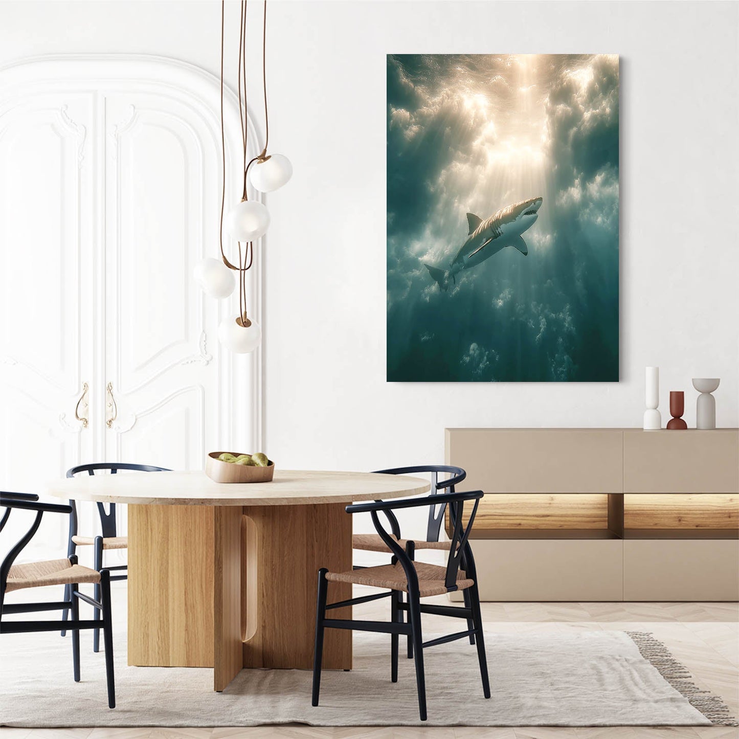 Ocean Light Shark Photography Canvas – above a wood dining table with black chairs