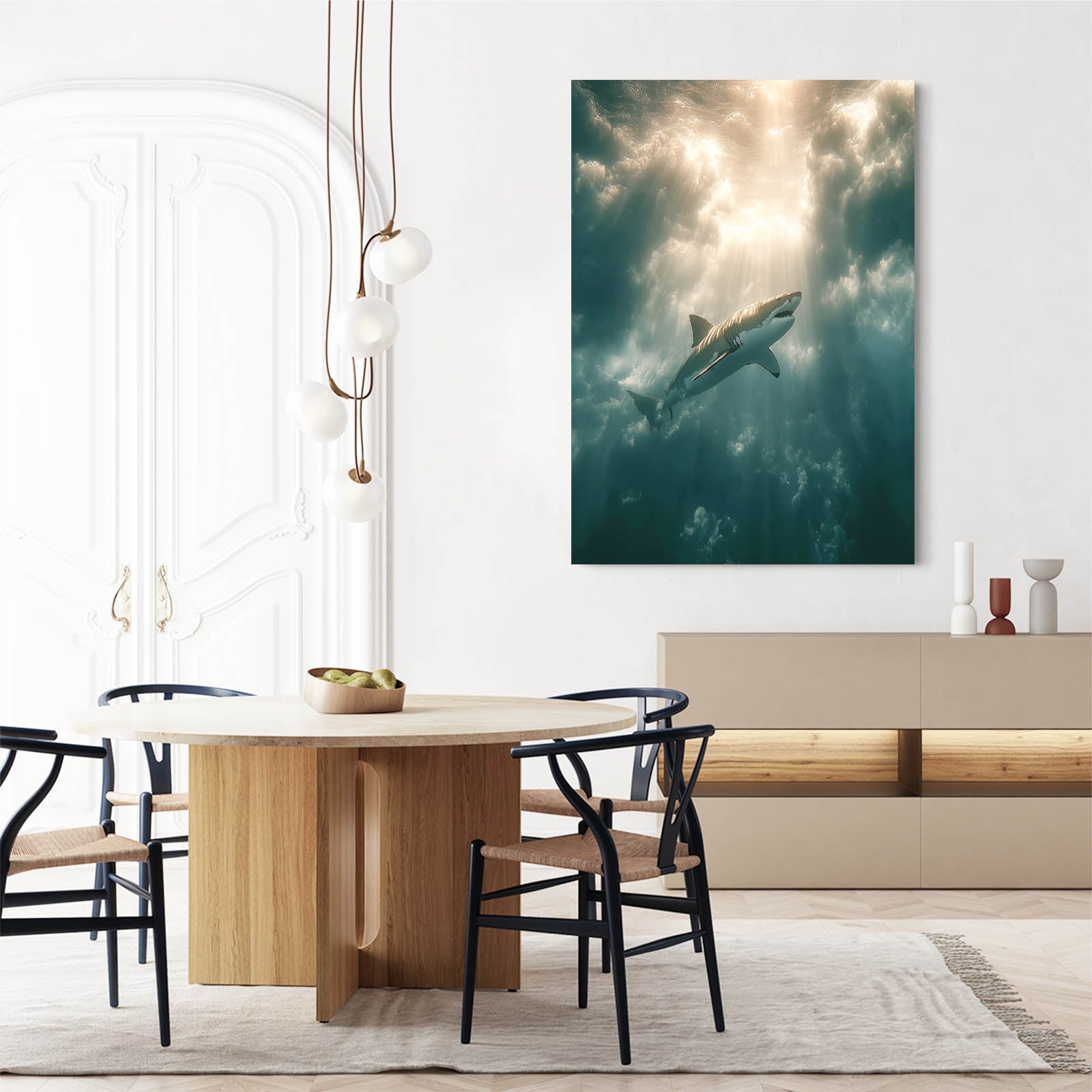 Ocean Light Shark Photography Canvas – above a wood dining table with black chairs