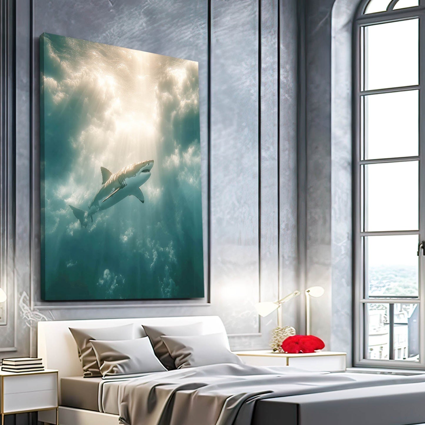Ocean Light Shark Photography Canvas – in a bright loft bedroom with red accents
