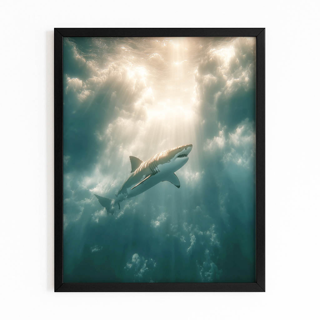 Ocean Light Shark Photography Canvas — contemporary canvas print, with Premium Black frame on white background