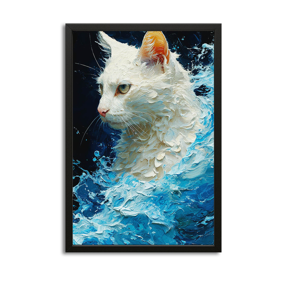 Ocean Majesty Cat Art — abstract canvas print in blue tones, with Premium Black frame on white background