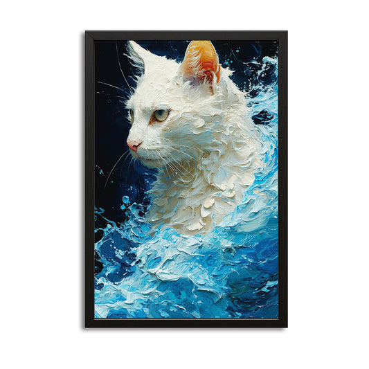 Ocean Majesty Cat Art — abstract canvas print in blue tones, with Premium Black frame on white background