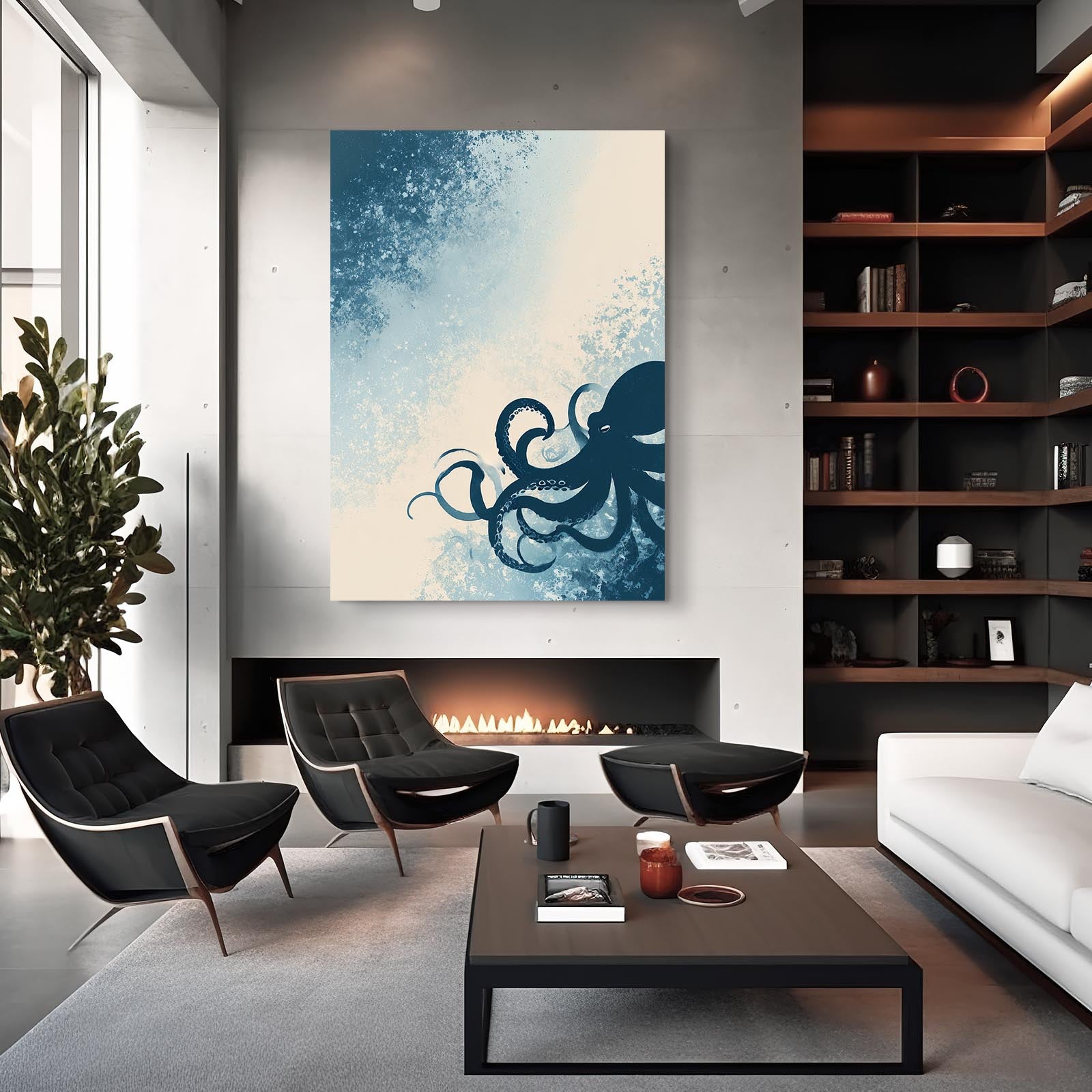 Ocean Spray Silhouette Octopus Canvas Art – styled in a furnished interior