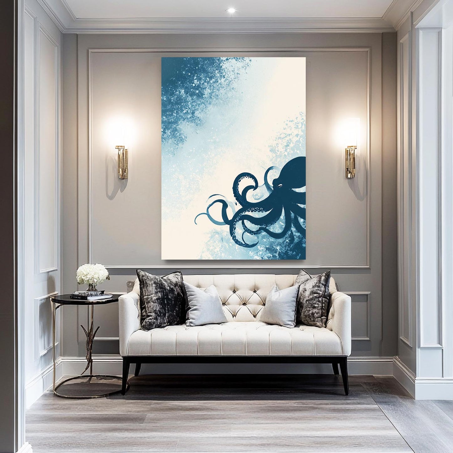 Ocean Spray Silhouette Octopus Canvas Art – styled in a furnished interior