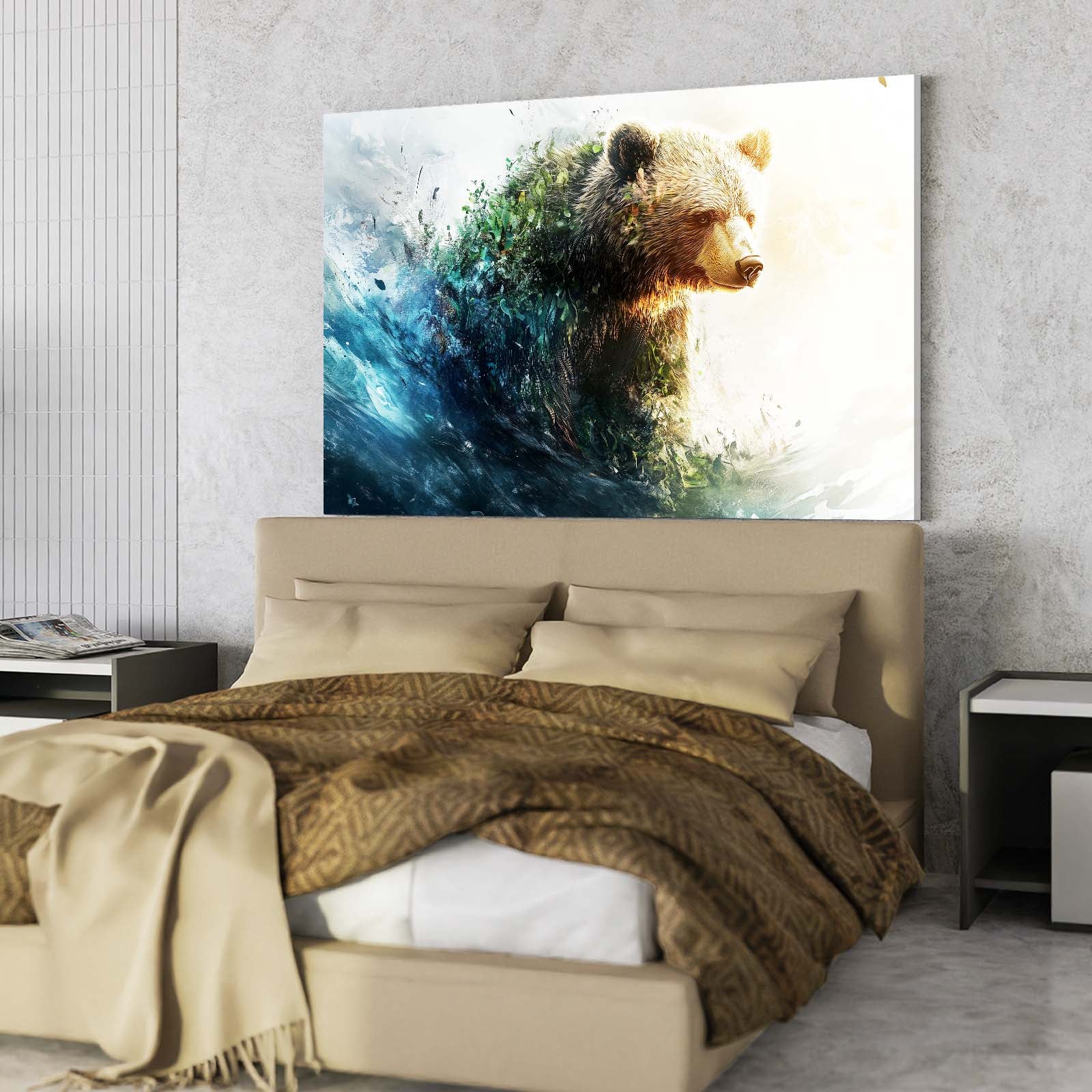 Ocean Wave Crest Bear Wall Art — contemporary canvas print, styled in a furnished interior
