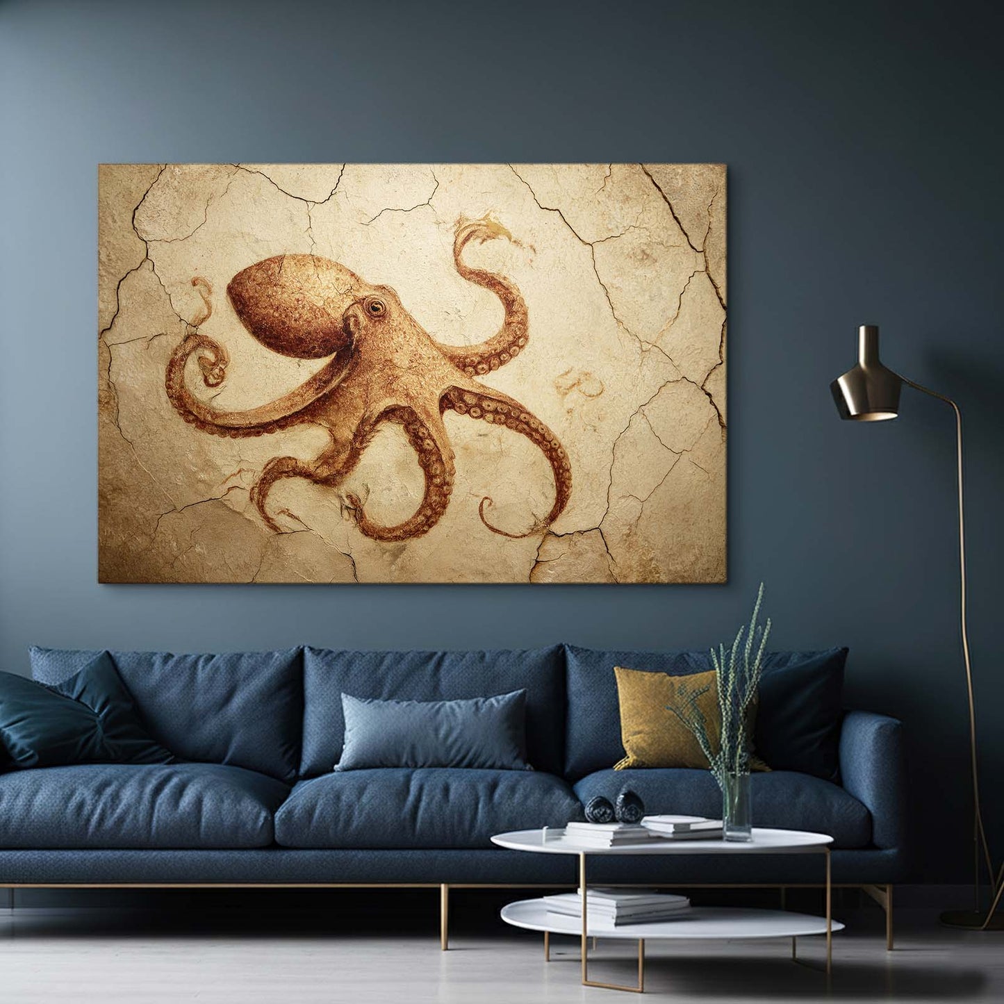 Ochre Fresco Octopus Art – styled in a furnished interior