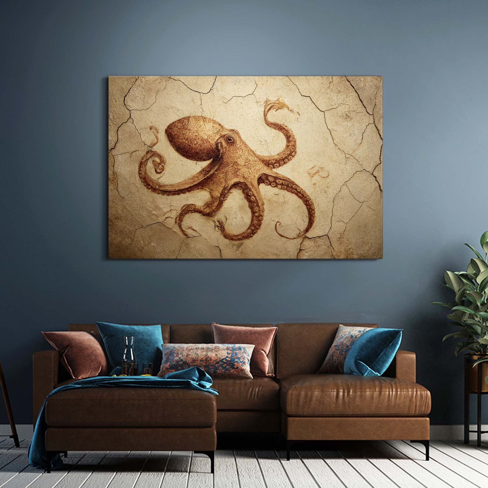Ochre Fresco Octopus Art – styled in a furnished interior