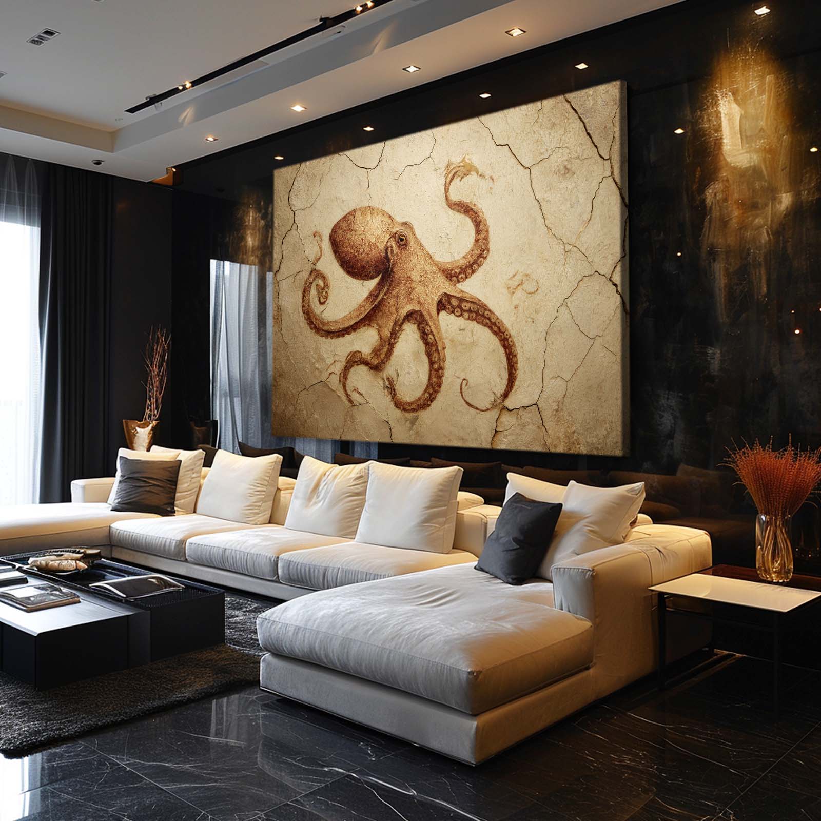 Ochre Fresco Octopus Art – styled in a furnished interior